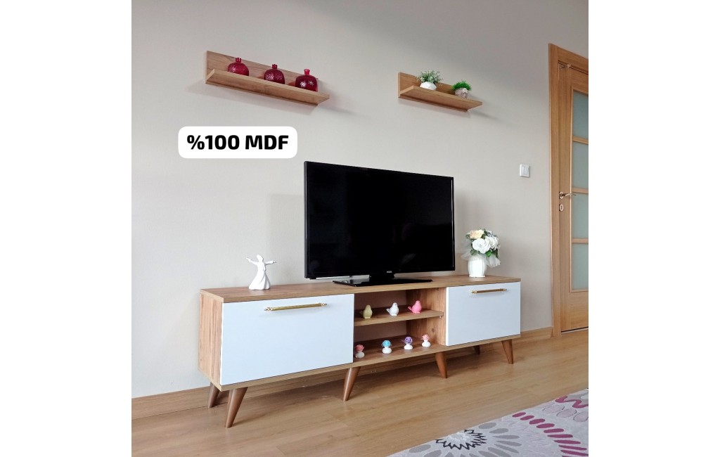 Ms 85  Mdf Tv Ünitesi Dolabı Raflı Ceviz Beyaz